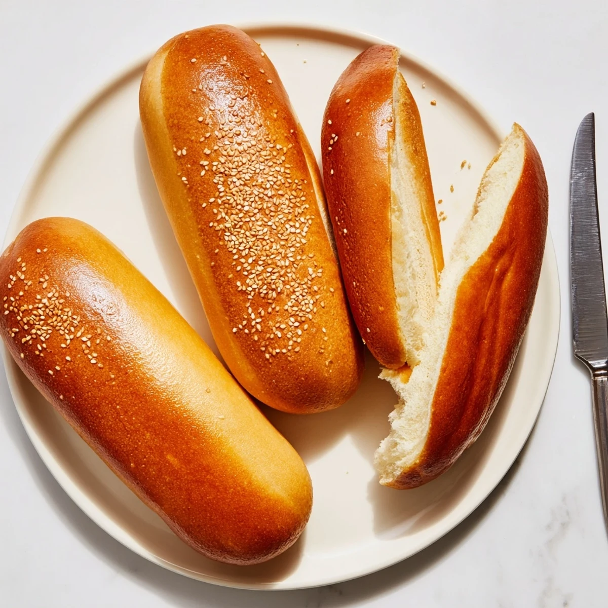 Soft homemade sourdough discard hot dog buns brushed with butter and ready for grilling.