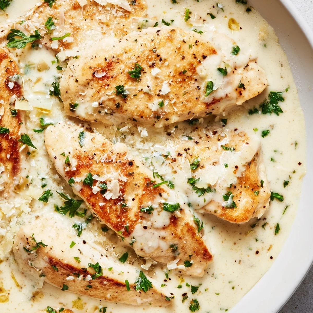 Creamy Garlic Chicken smothered in velvety Parmesan sauce with fresh parsley garnish