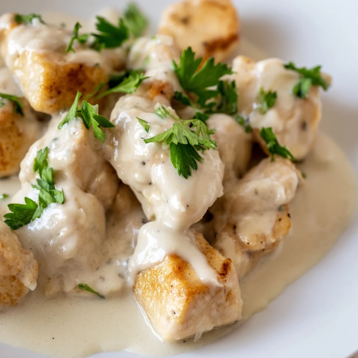 Golden seared Creamy Garlic Chicken bathing in rich, aromatic garlic butter sauce