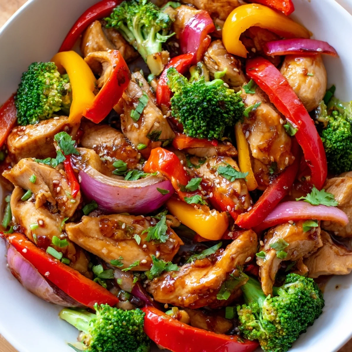 Colorful chicken vegetable stir fry sizzling in a wok with tender broccoli and bell peppers