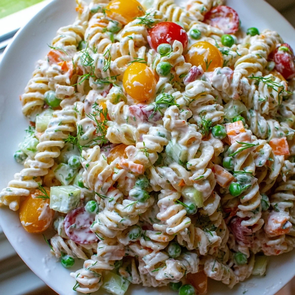 Creamy Ranch Pasta Salad loaded with colorful crisp vegetables and herbs in a bowl
