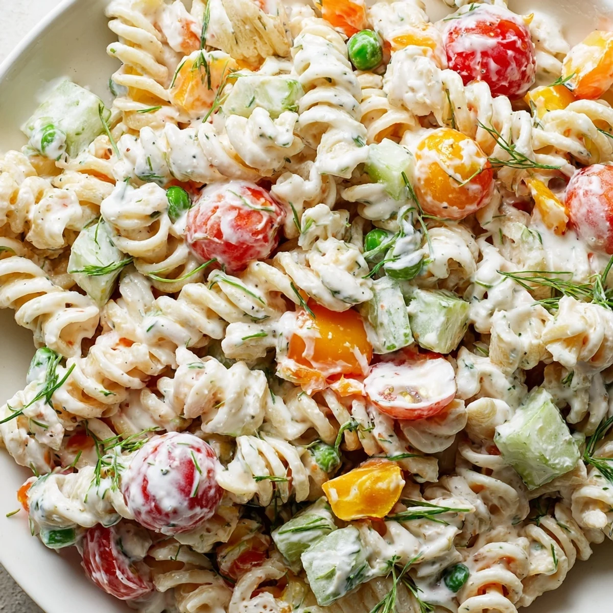 Chilled Creamy Ranch Pasta Salad with tender rotini cherry tomatoes and cucumber pieces
