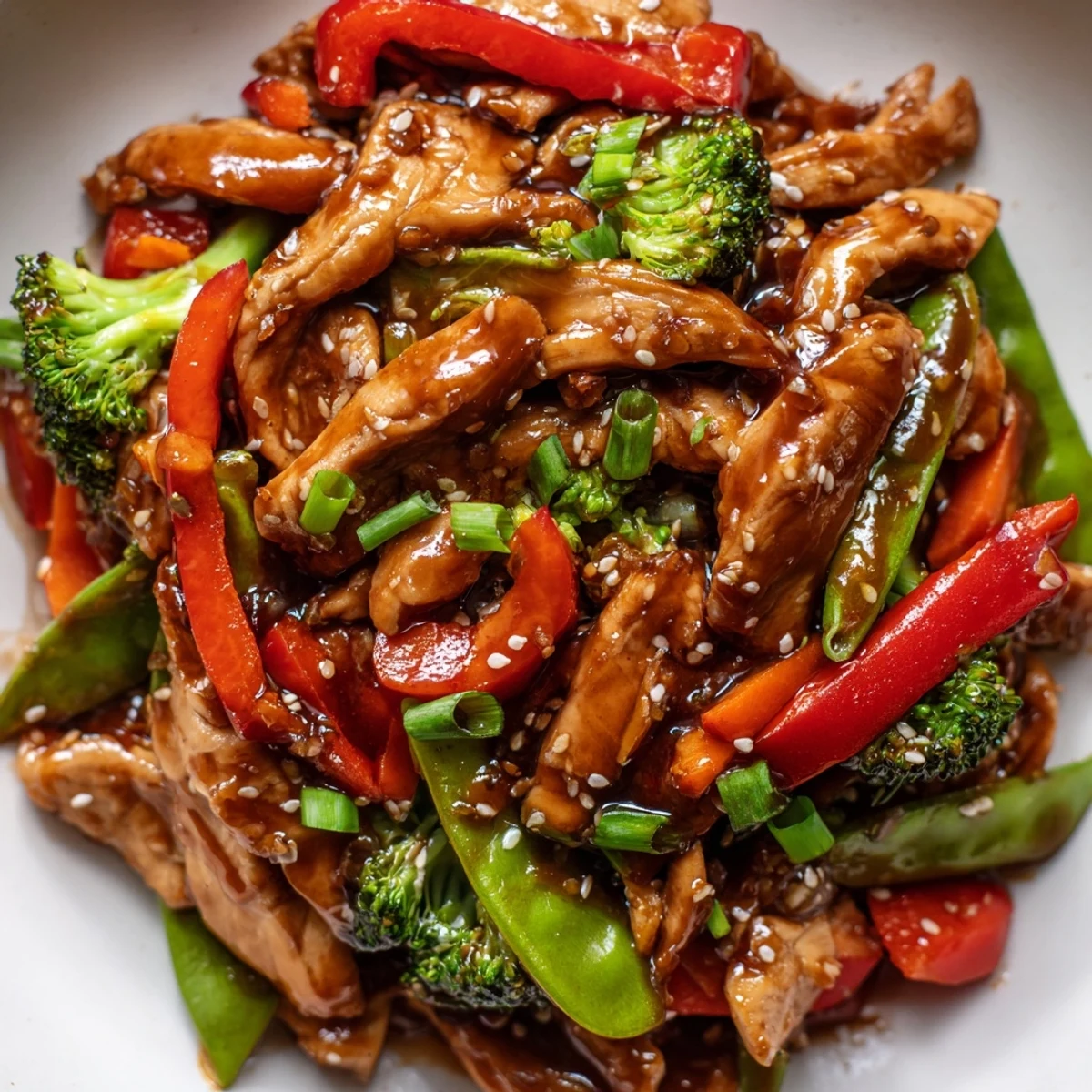 Sesame soy chicken stir fry in a wok with glossy sauce coating tender chicken and colorful crisp vegetables
