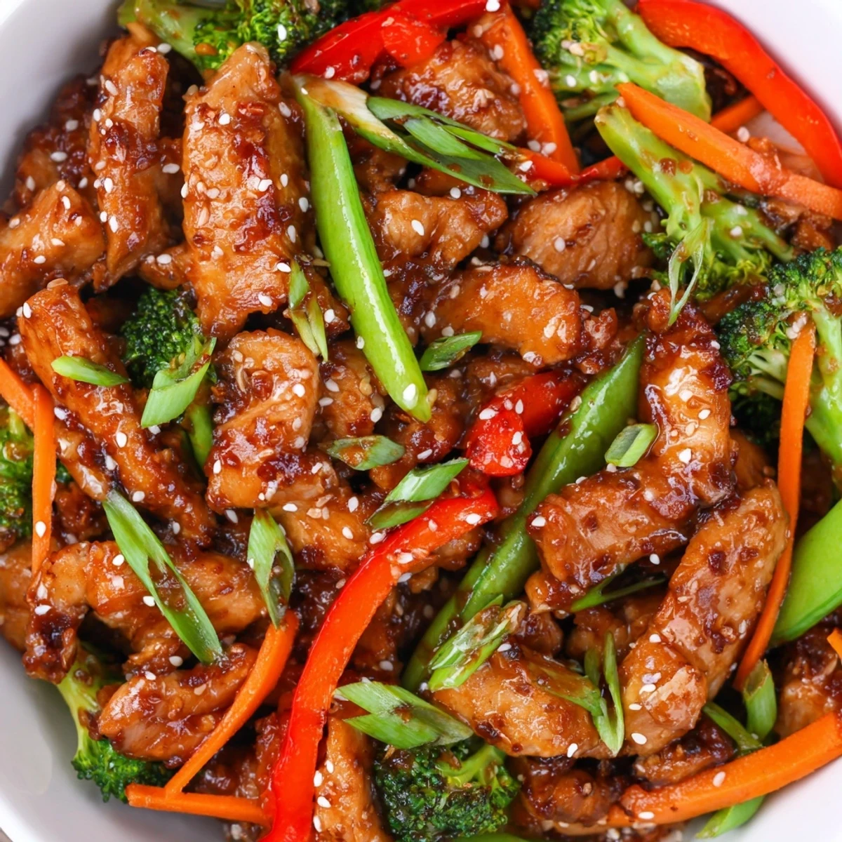 Tender sesame soy chicken stir fry topped with sesame seeds and served over fluffy steamed white rice