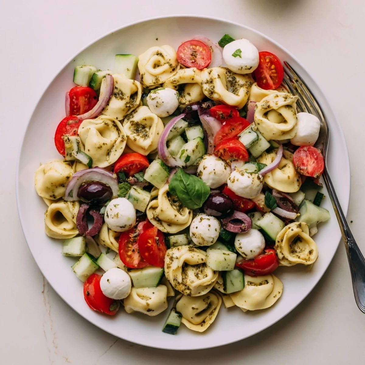 Cheese-filled tortellini pasta salad with juicy cherry tomatoes, cucumber, and zesty herb dressing