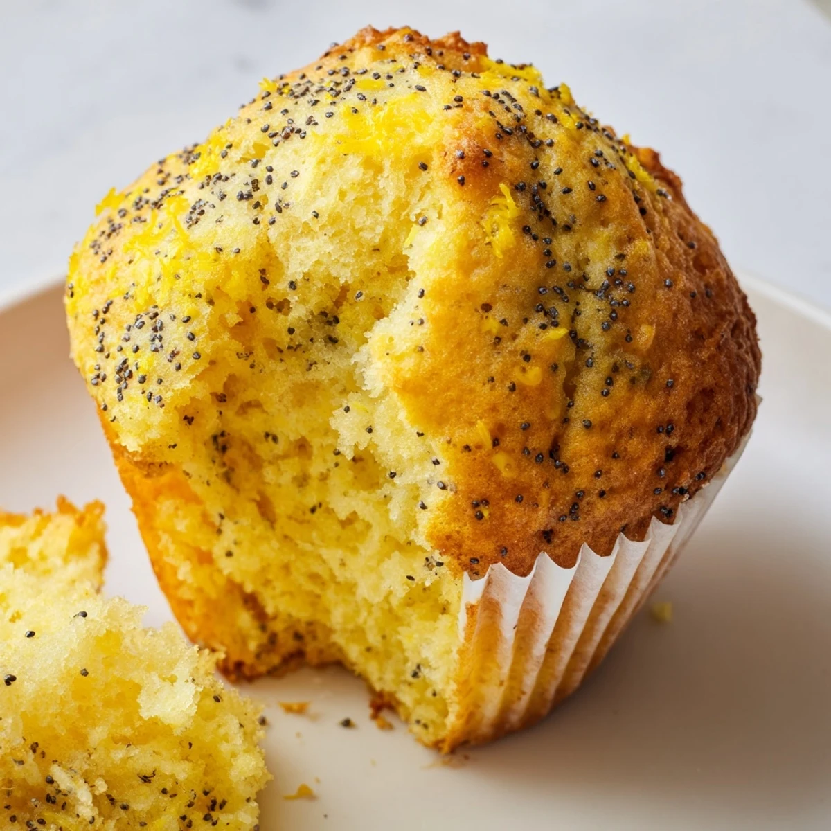 Golden lemon poppy seed muffins with domed tops fresh from the oven on a wire cooling rack