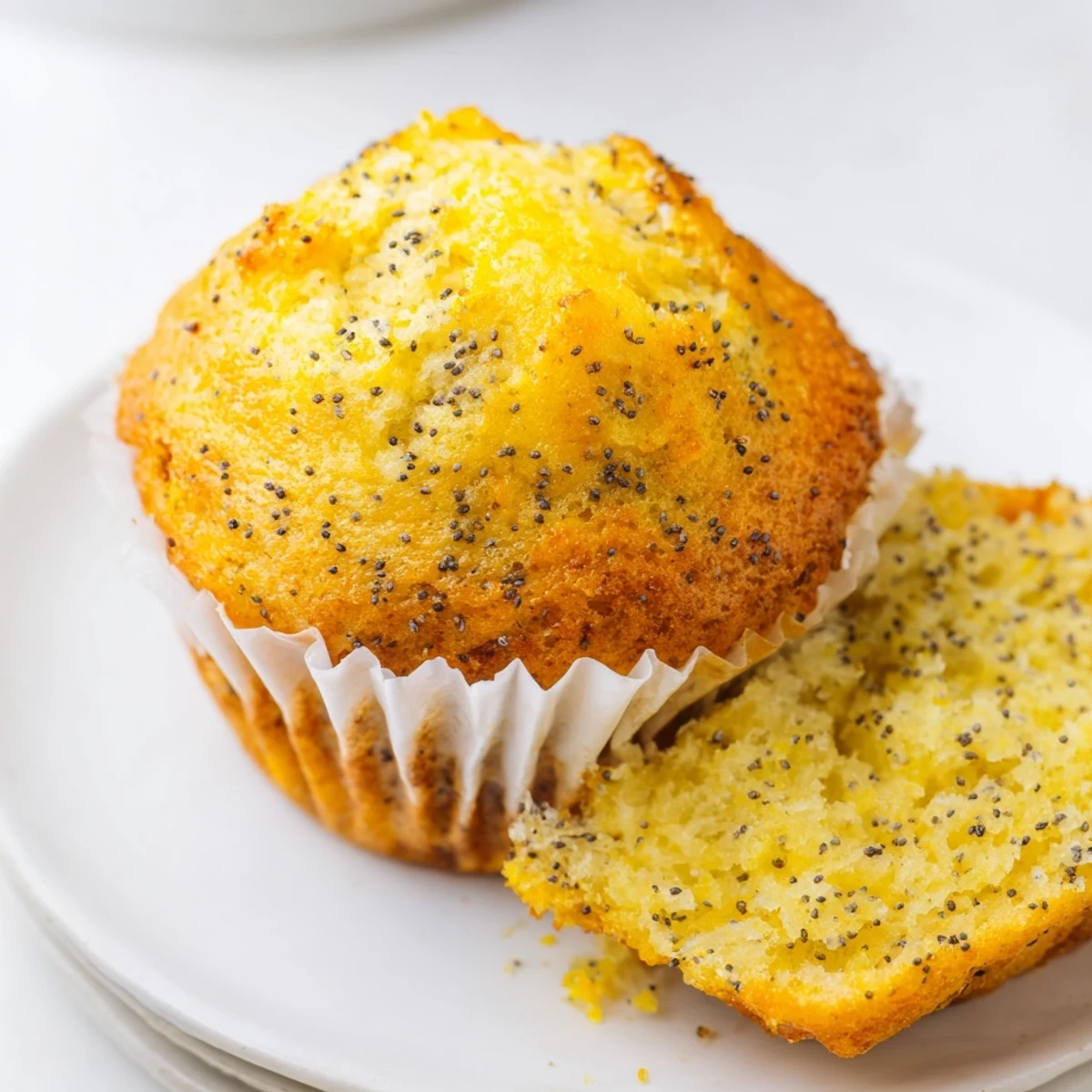 Moist lemon poppy seed muffins studded with speckled seeds beside a bowl of bright lemon zest