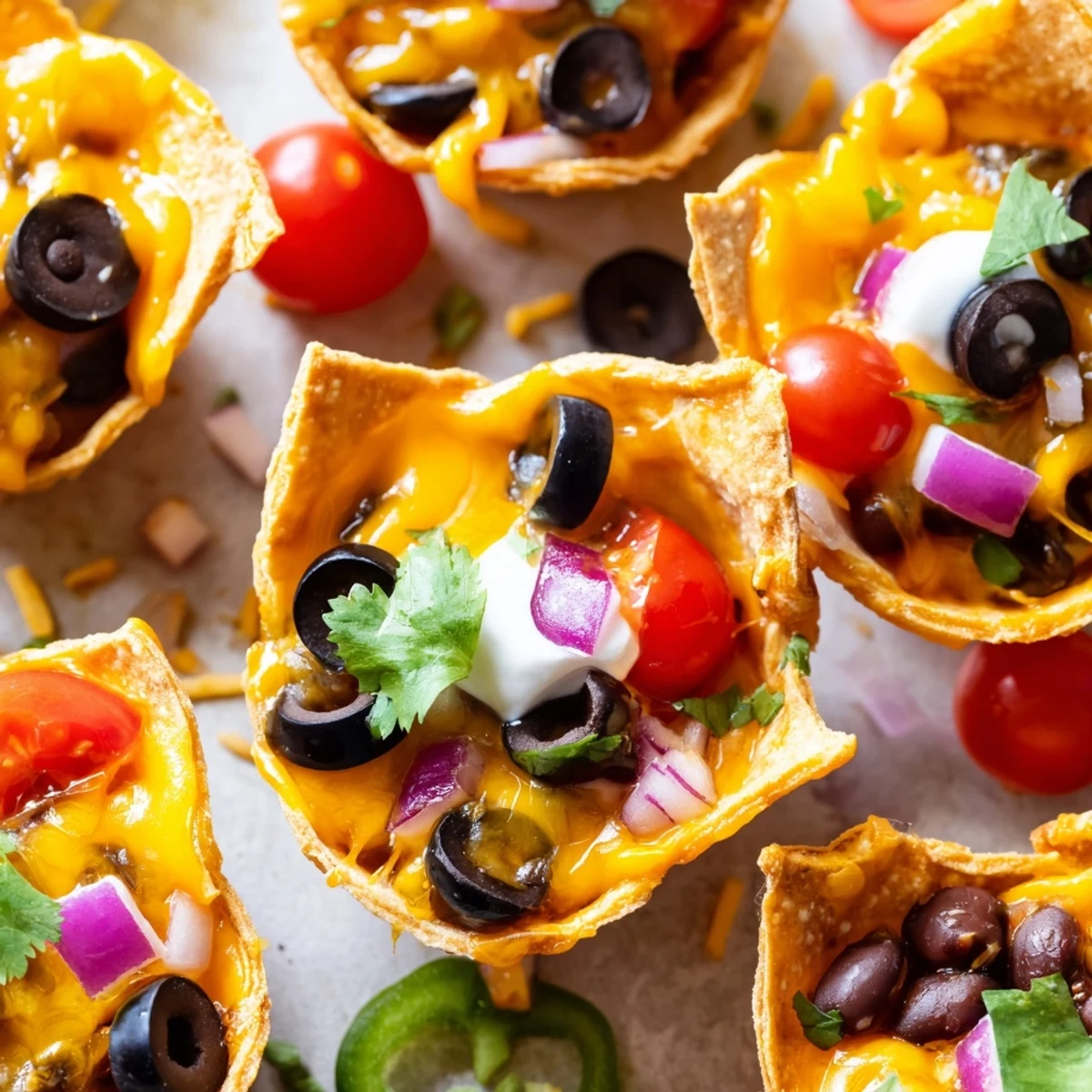 Crispy tortilla cups overflowing with gooey melted cheese beans and jalapeños perfect for game day snacking