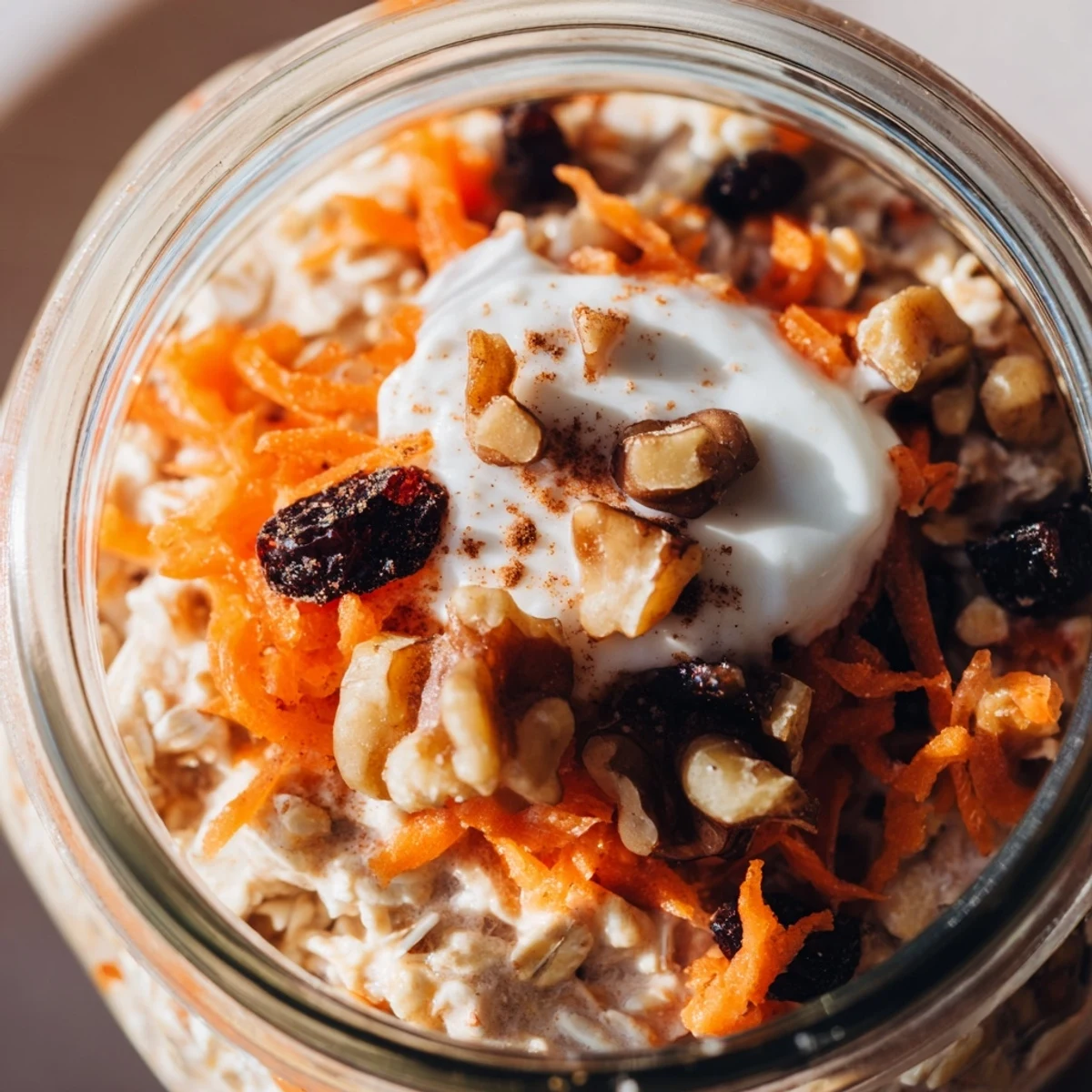 Creamy carrot cake overnight oats in a mason jar topped with crunchy walnuts and a sprinkle of warm cinnamon