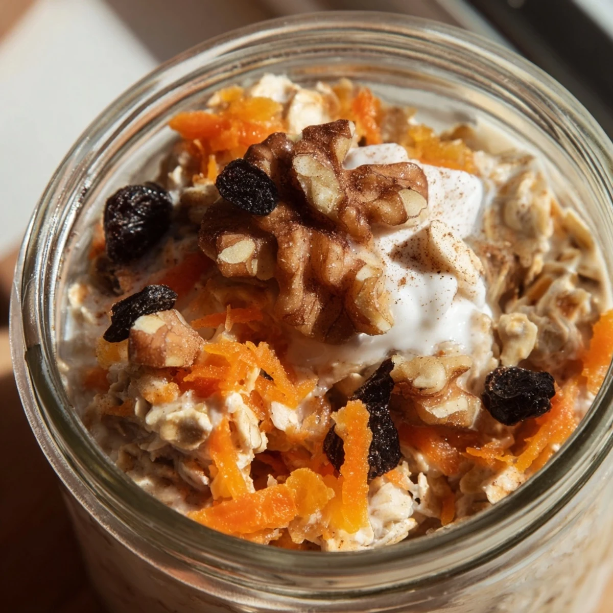 Carrot cake overnight oats served chilled with grated carrots, plump raisins, and a generous nutty crunch