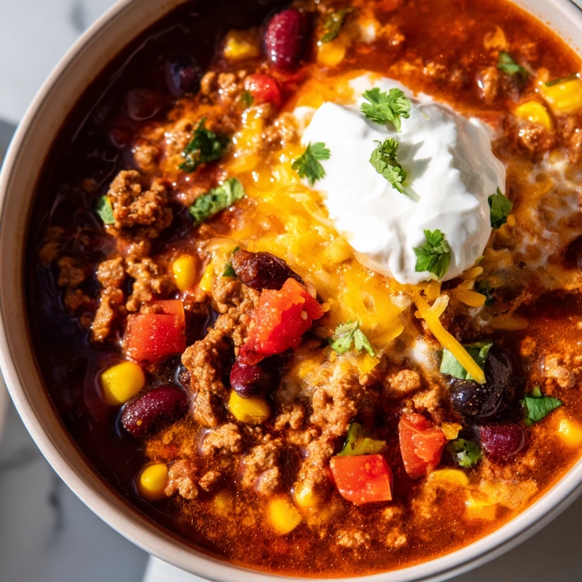 Steaming bowl of Crockpot Ground Beef Taco Soup topped with melted cheese and cilantro