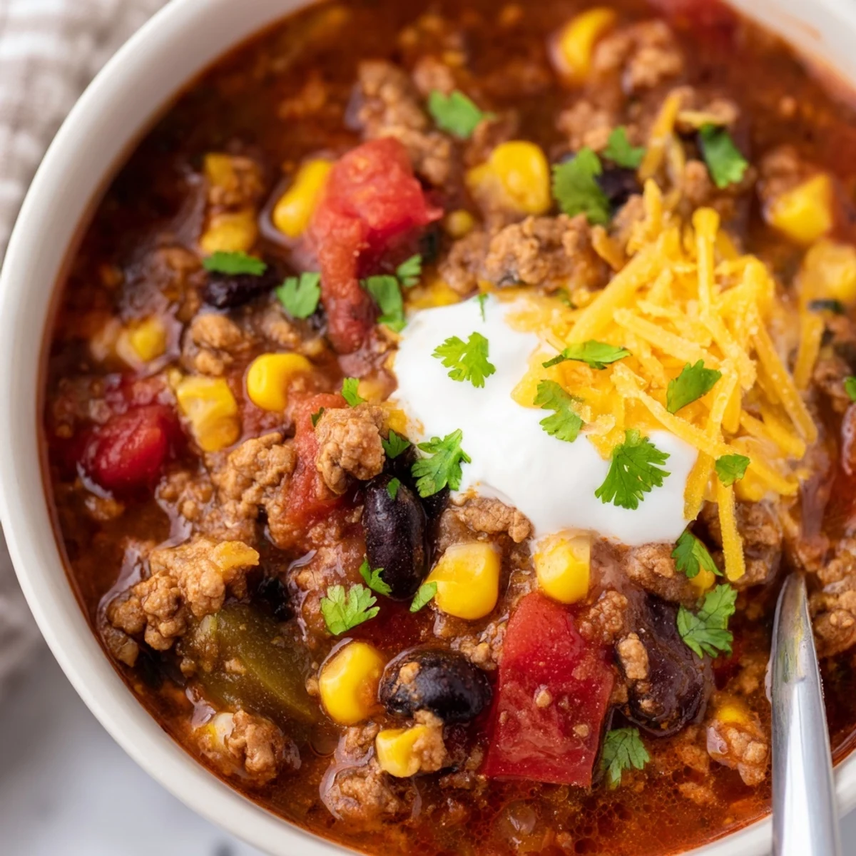 Hearty Crockpot Ground Beef Taco Soup loaded with beans, corn, and tender beef
