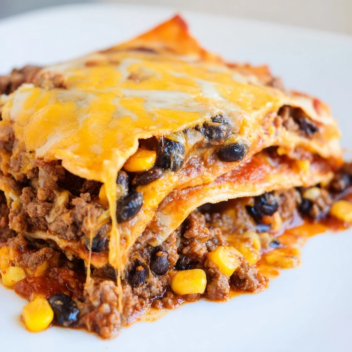 Golden bubbly cheese tops this baked beef enchilada casserole with rich red sauce