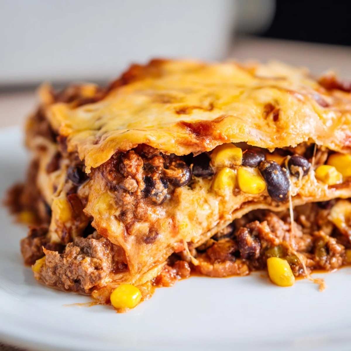 Layers of seasoned beef corn and melted cheese in baked beef enchilada casserole