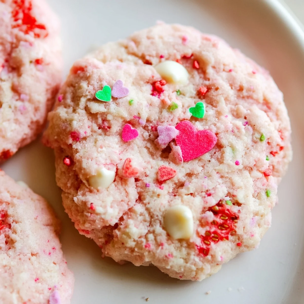 Soft pink Valentine strawberry cookies with white chocolate chips arranged on a rustic baking sheet