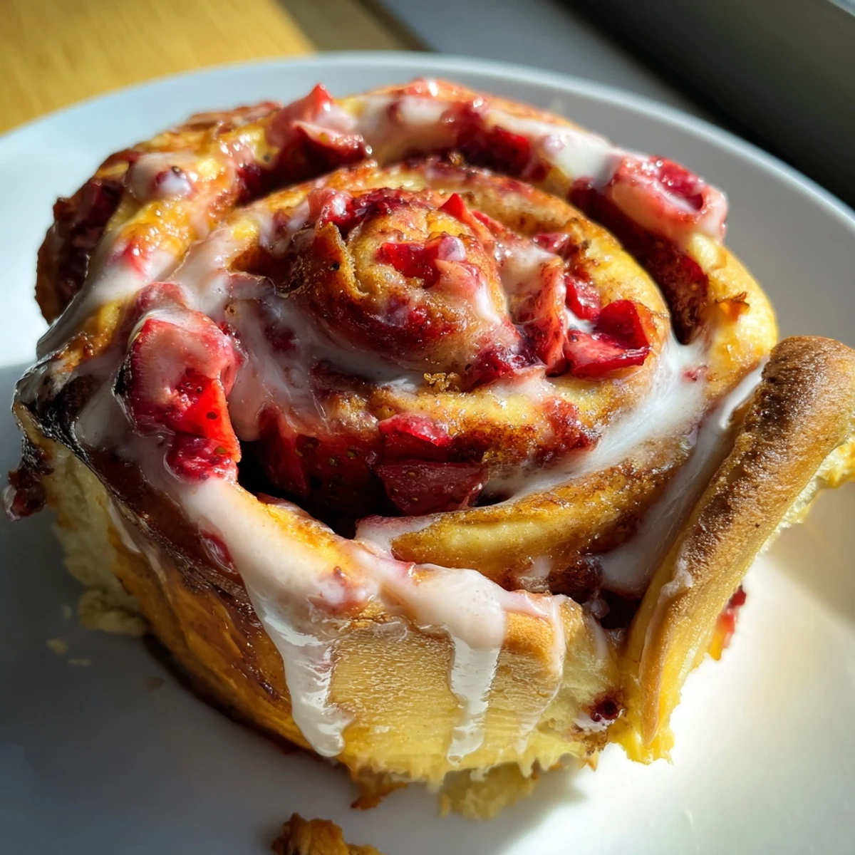 Golden strawberry cinnamon rolls dripping with creamy cream cheese glaze on a white plate