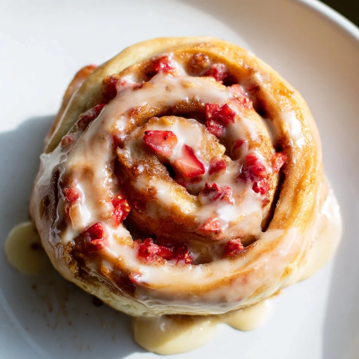 Fresh strawberry cinnamon rolls with swirled filling and thick icing ready for breakfast