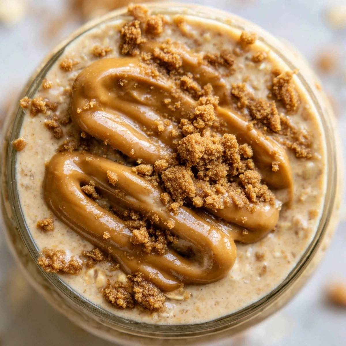 Quick Biscoff overnight oats swirled with caramel spread and served chilled for breakfast