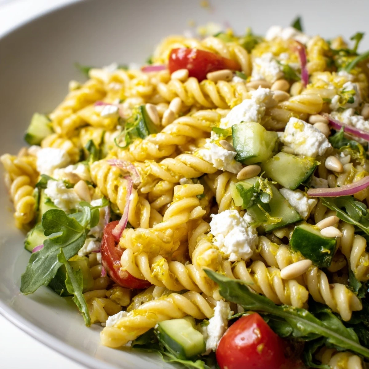 Bright lemon arugula pasta salad tossed with cherry tomatoes and cucumber in zesty dressing