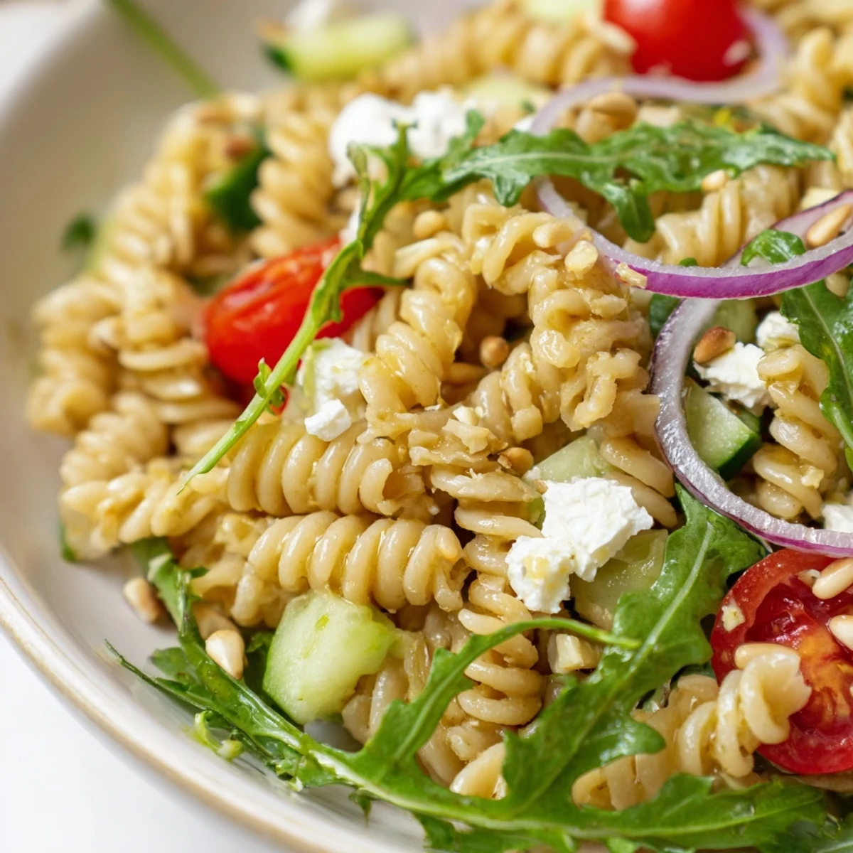 Peppery arugula and short pasta coated in tangy lemon vinaigrette with fresh vegetables