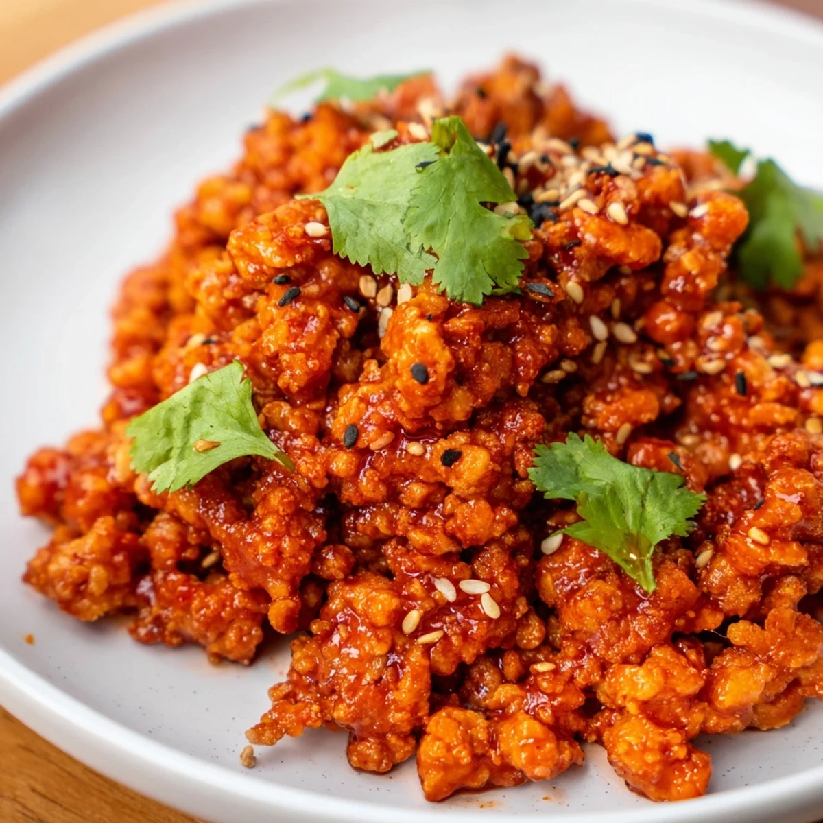 Firecracker Ground Chicken Bowls topped with crisp vegetables and sesame seeds in white ceramic dish