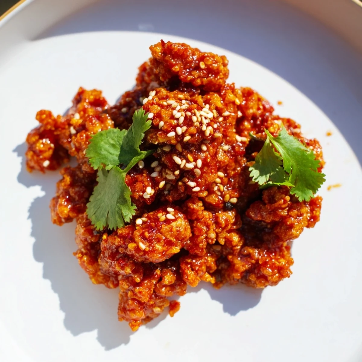 Spicy Firecracker Ground Chicken Bowls served over fluffy rice with colorful fresh crunchy vegetables