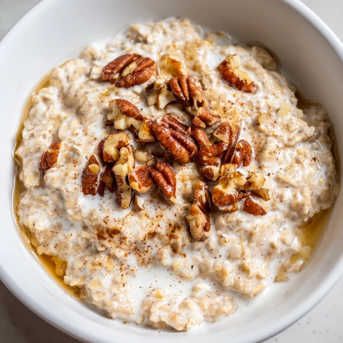 Creamy maple cinnamon pecan overnight oats served in a jar with crunchy nut toppings