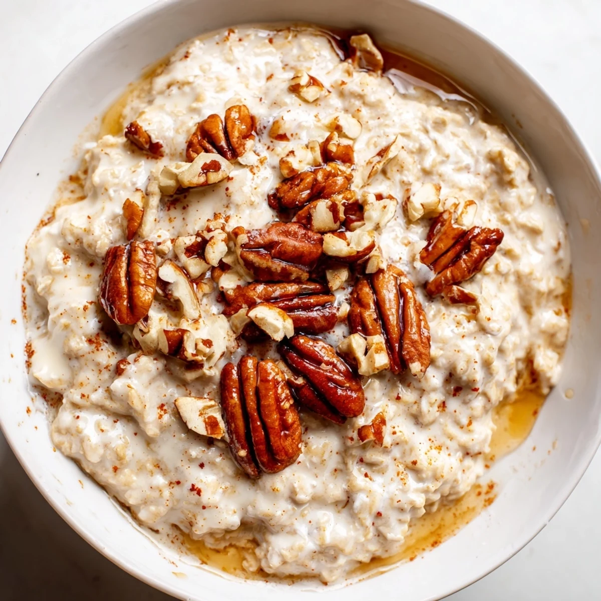 Maple cinnamon pecan overnight oats topped with toasted nuts and a sweet drizzle