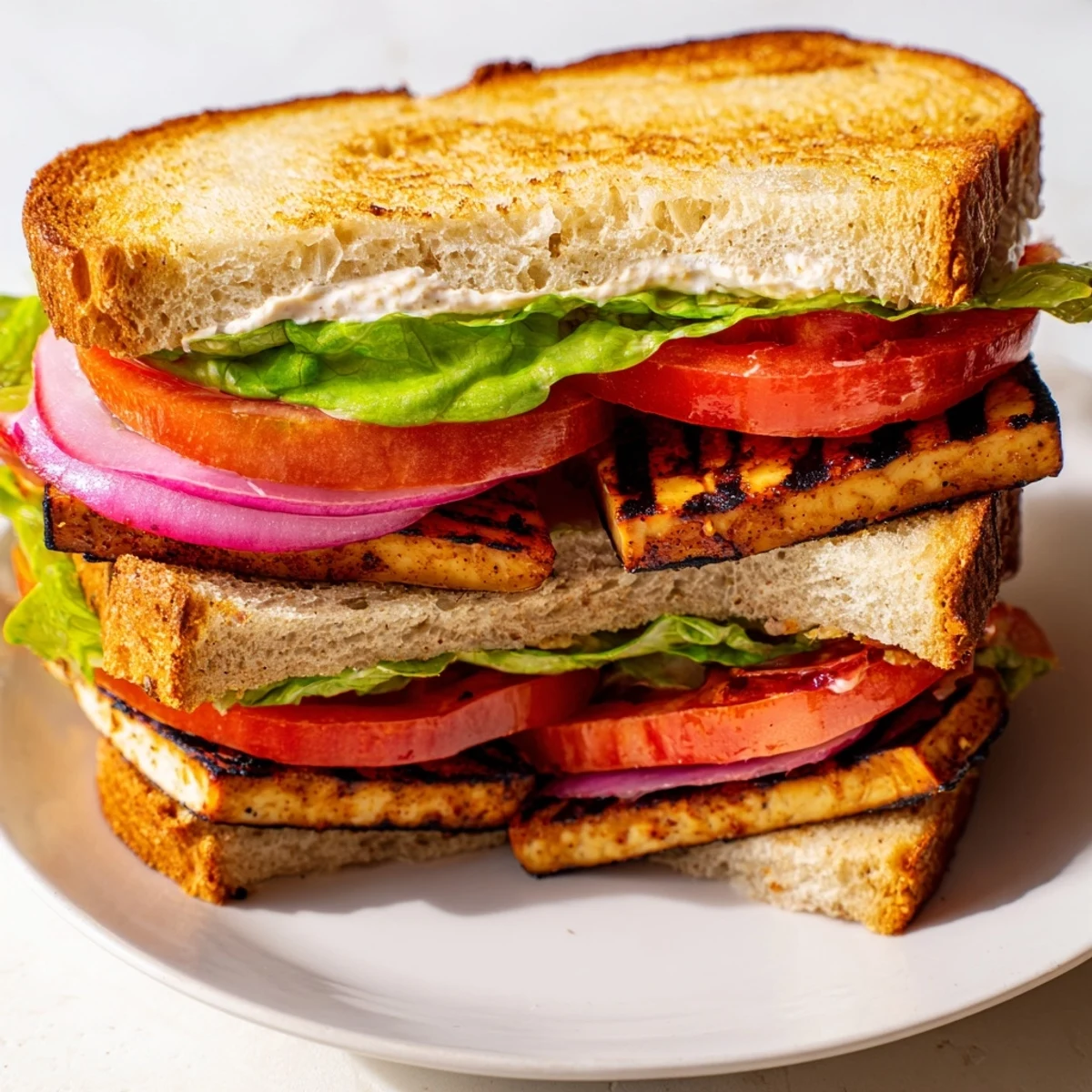 Golden smoky tofu layered with crisp lettuce and ripe tomato on toasted sourdough bread