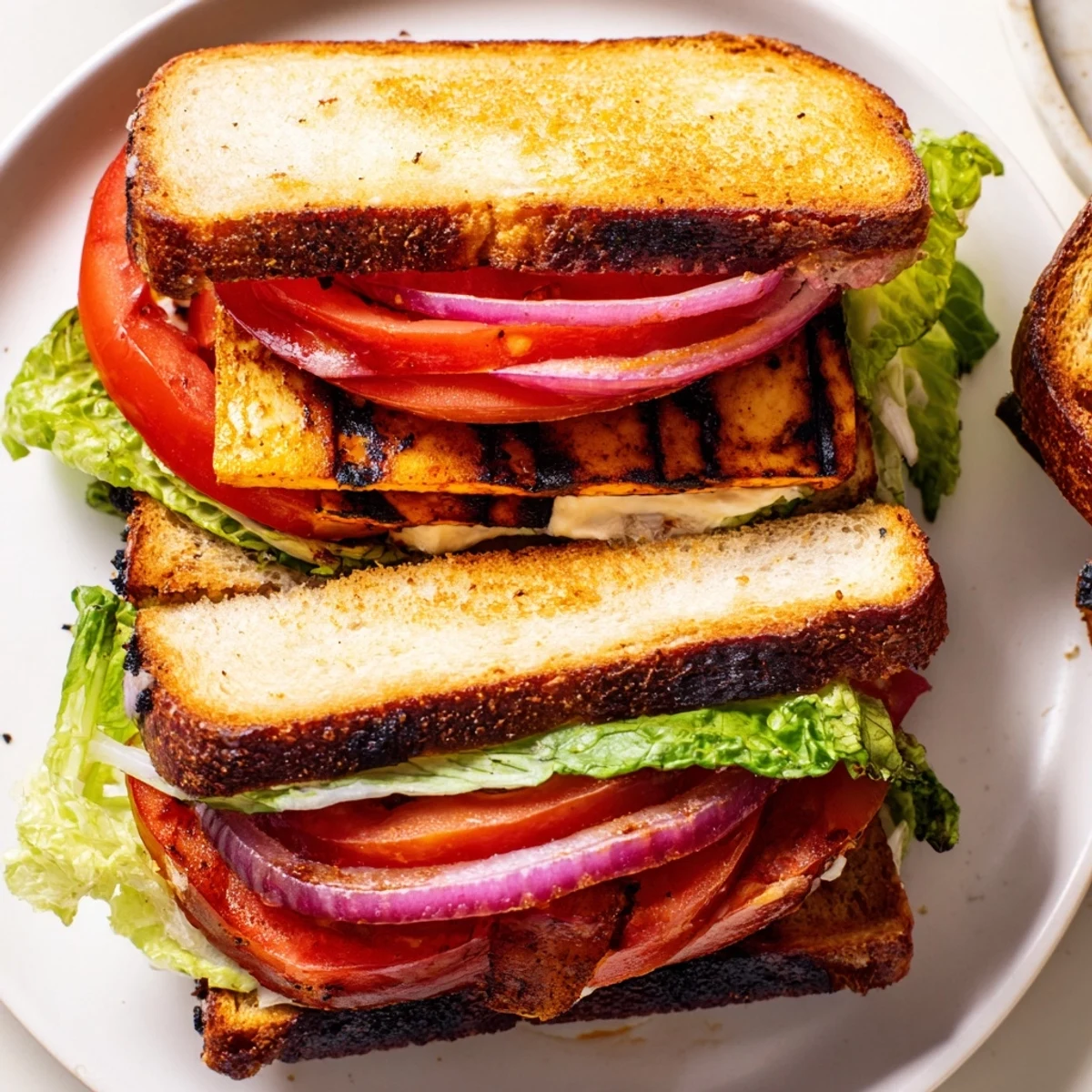 Close-up of smoky Tofu Lettuce Tomato TLT Sandwich with grill-marked tofu and juicy red tomatoes
