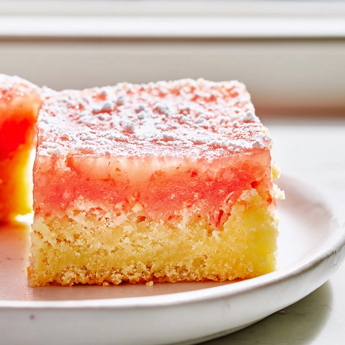 Golden grapefruit bars with tangy pink custard on a buttery shortbread crust