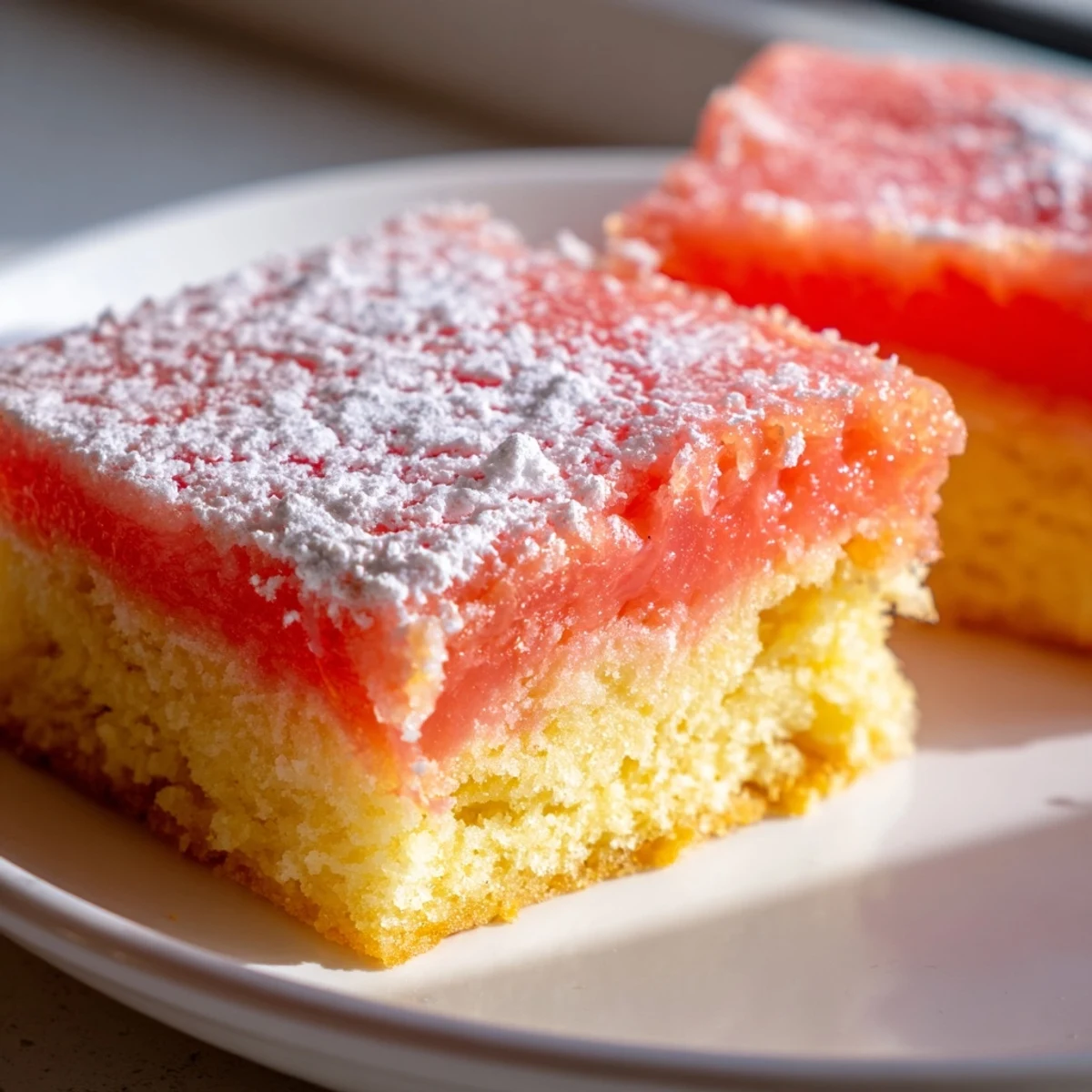Tangy grapefruit bars dusted with powdered sugar, cut into neat squares
