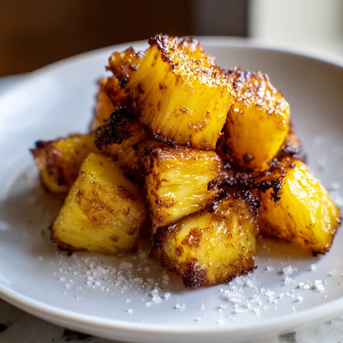 Golden caramelized Air Fryer Pineapple Chunks served warm in a rustic bowl
