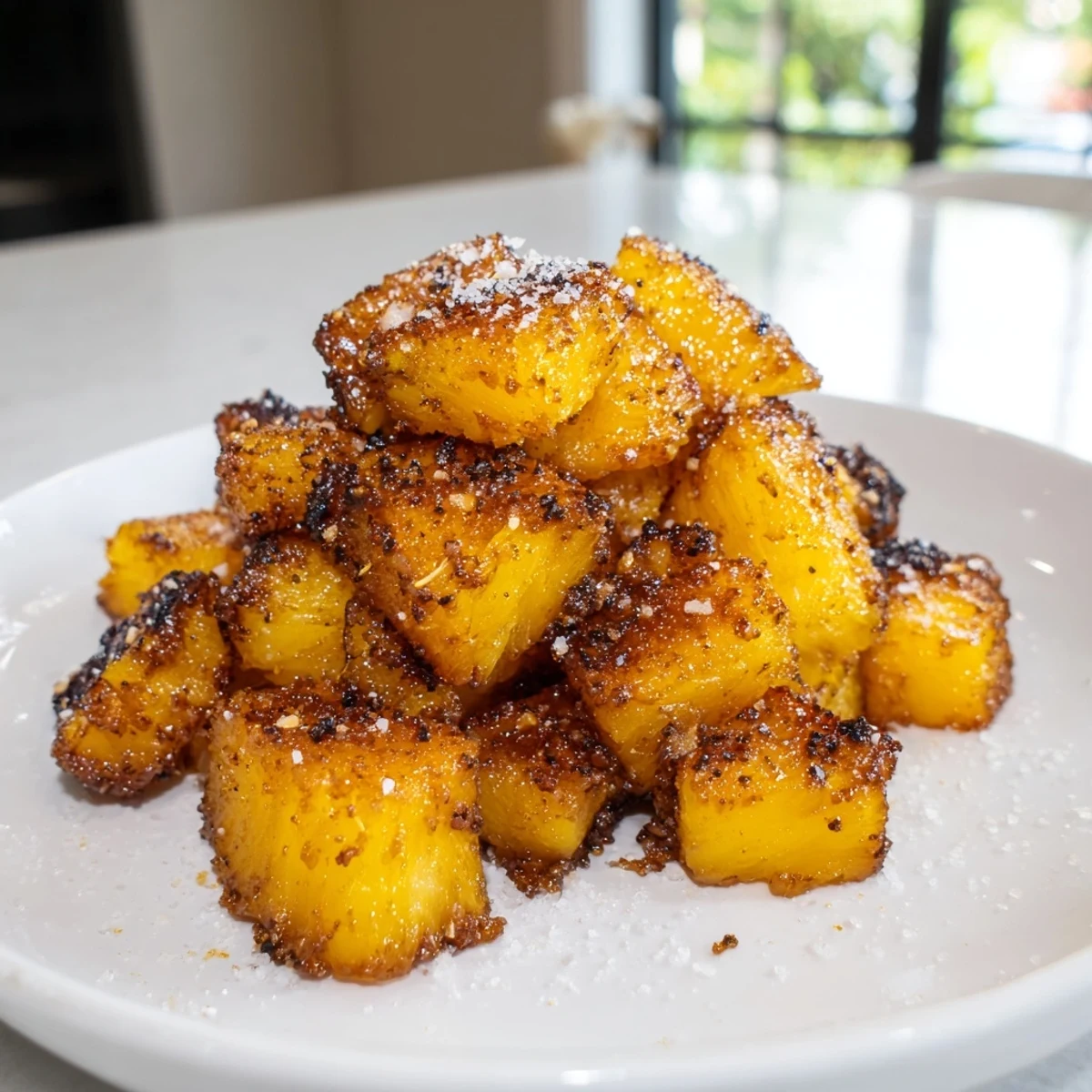 Crispy-edged Air Fryer Pineapple Chunks glistening with cinnamon sugar on a plate