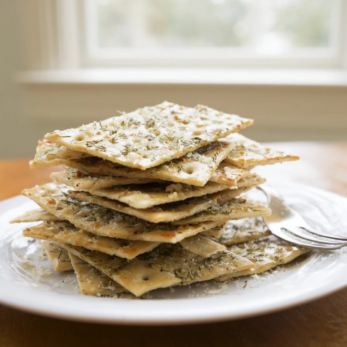 Crispy golden dill pickle saltines brushed with herbed butter on a baking sheet