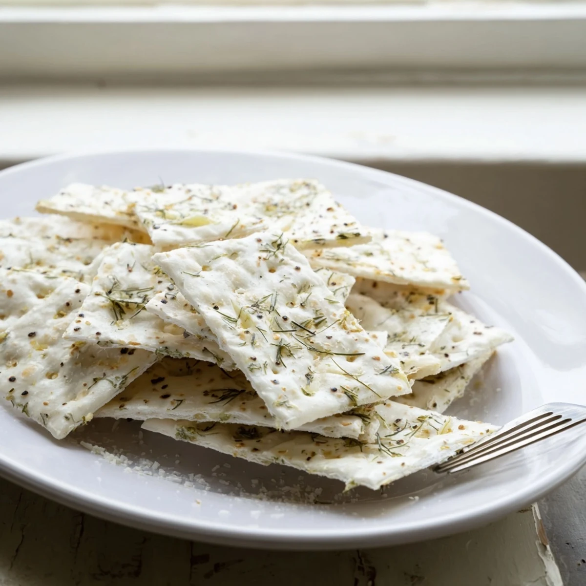 Warm dill pickle saltines glistening with garlic butter and flecks of fresh dill