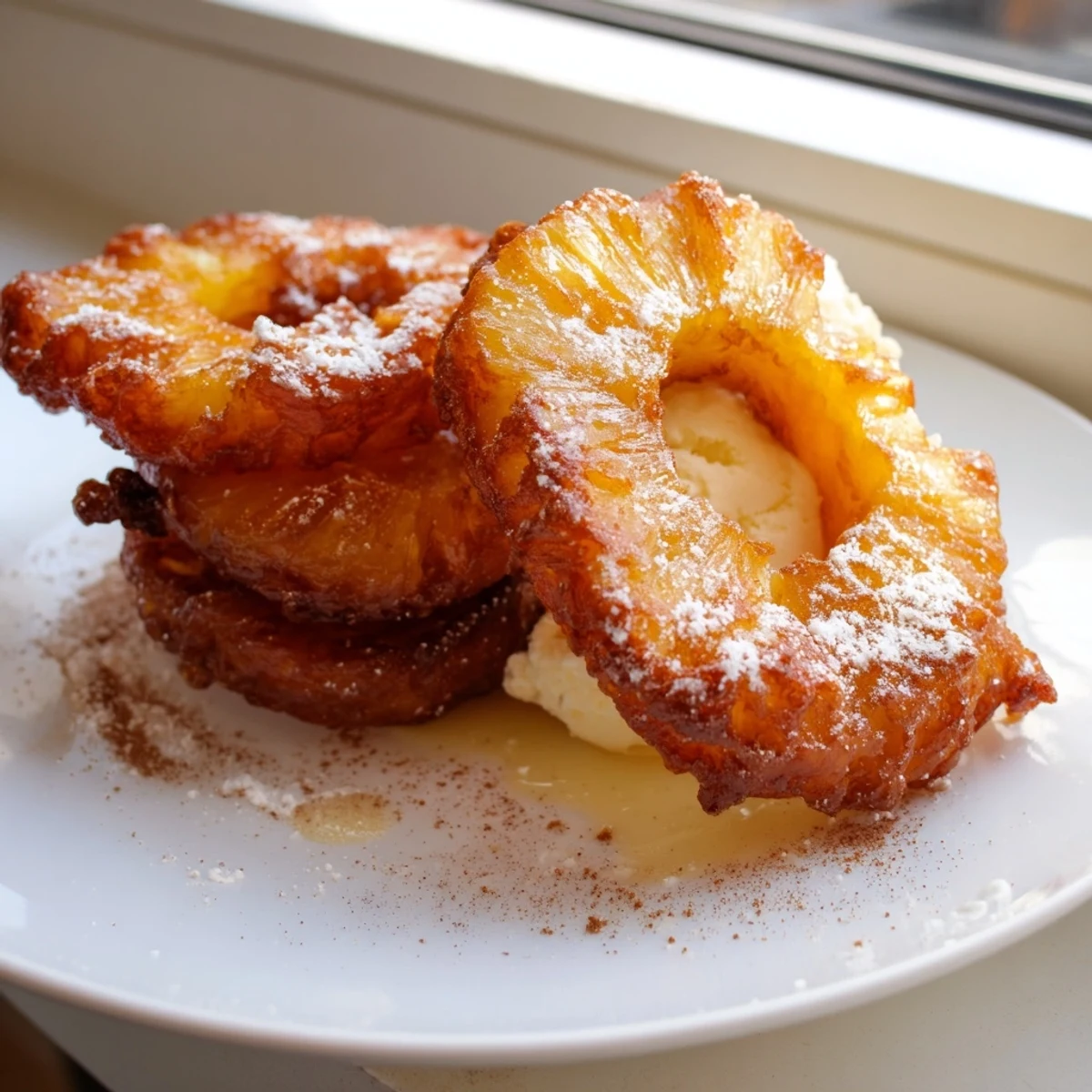 Crispy battered fried pineapple rings drizzled with caramel sauce beside vanilla ice cream