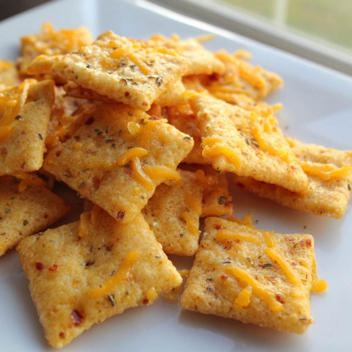 Golden taco crackers sprinkled with melted cheddar and fragrant oregano on parchment