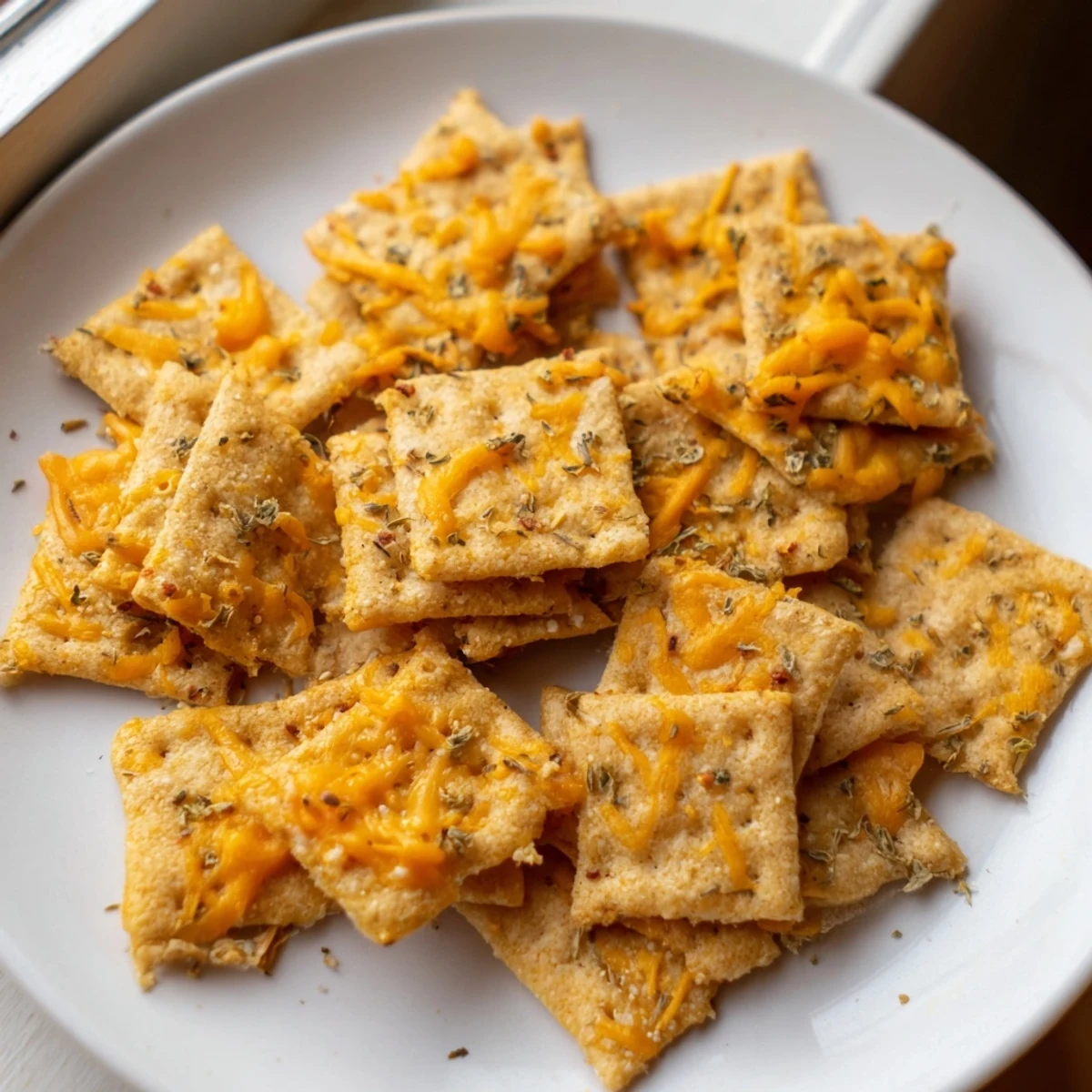 Crispy baked taco crackers arranged in a rustic bowl beside fresh guacamole