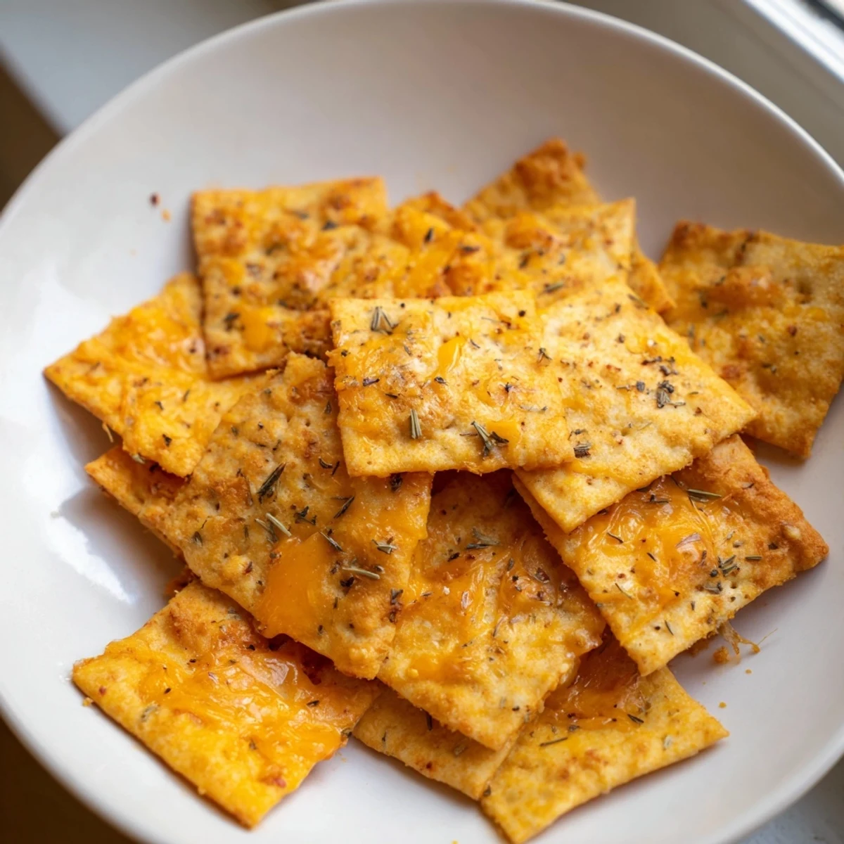 Seasoned taco crackers with cornmeal flecks cooling on a wire baking rack
