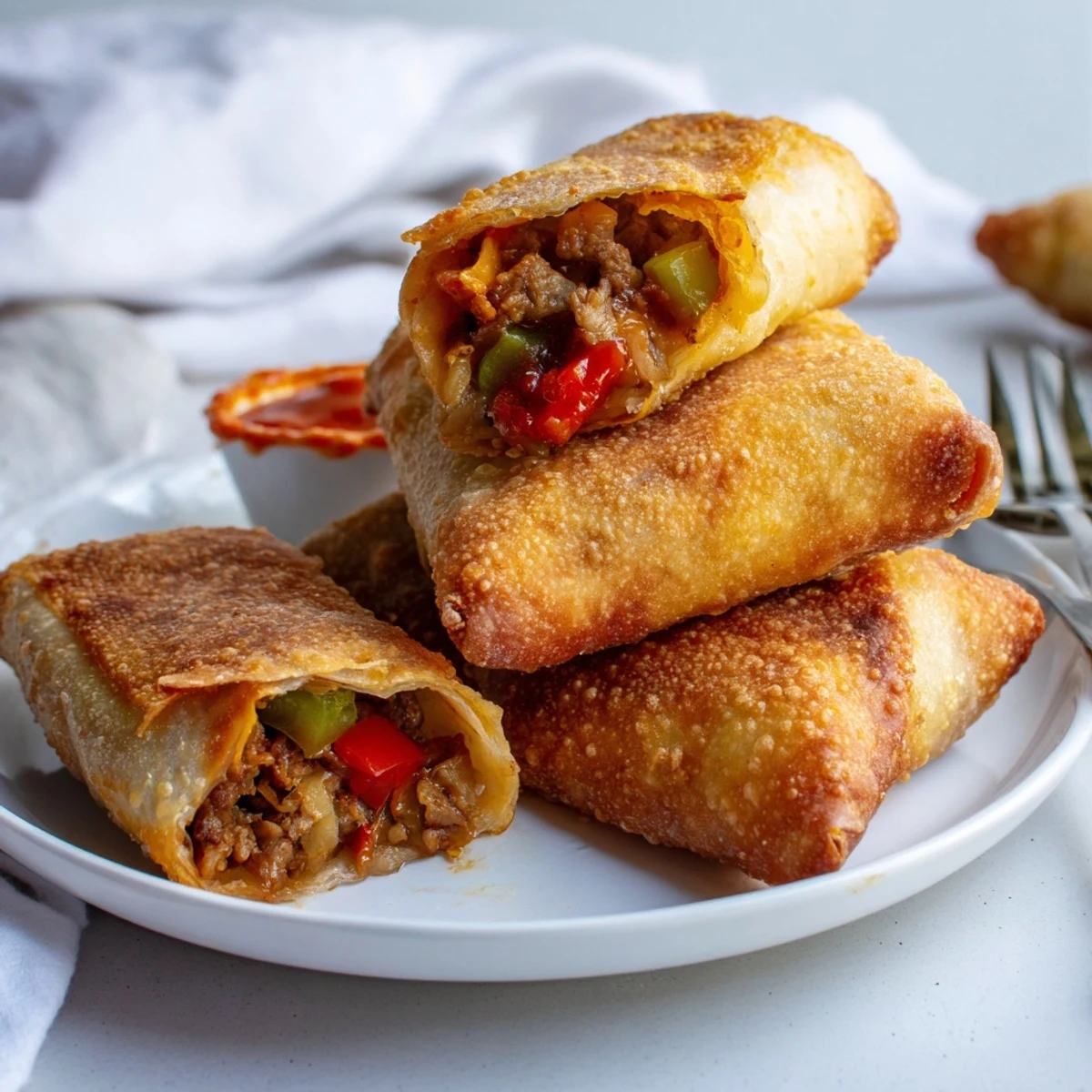 Golden crispy voodoo egg rolls plated with spicy remoulade dipping sauce nearby