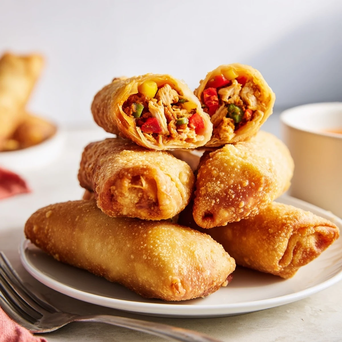Crispy voodoo egg rolls filled with smoky andouille sausage and melted cheddar