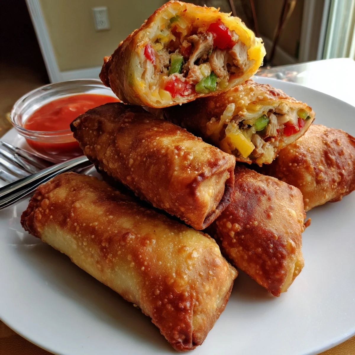 Crackly fried voodoo egg rolls served hot with bold Cajun dipping mustard