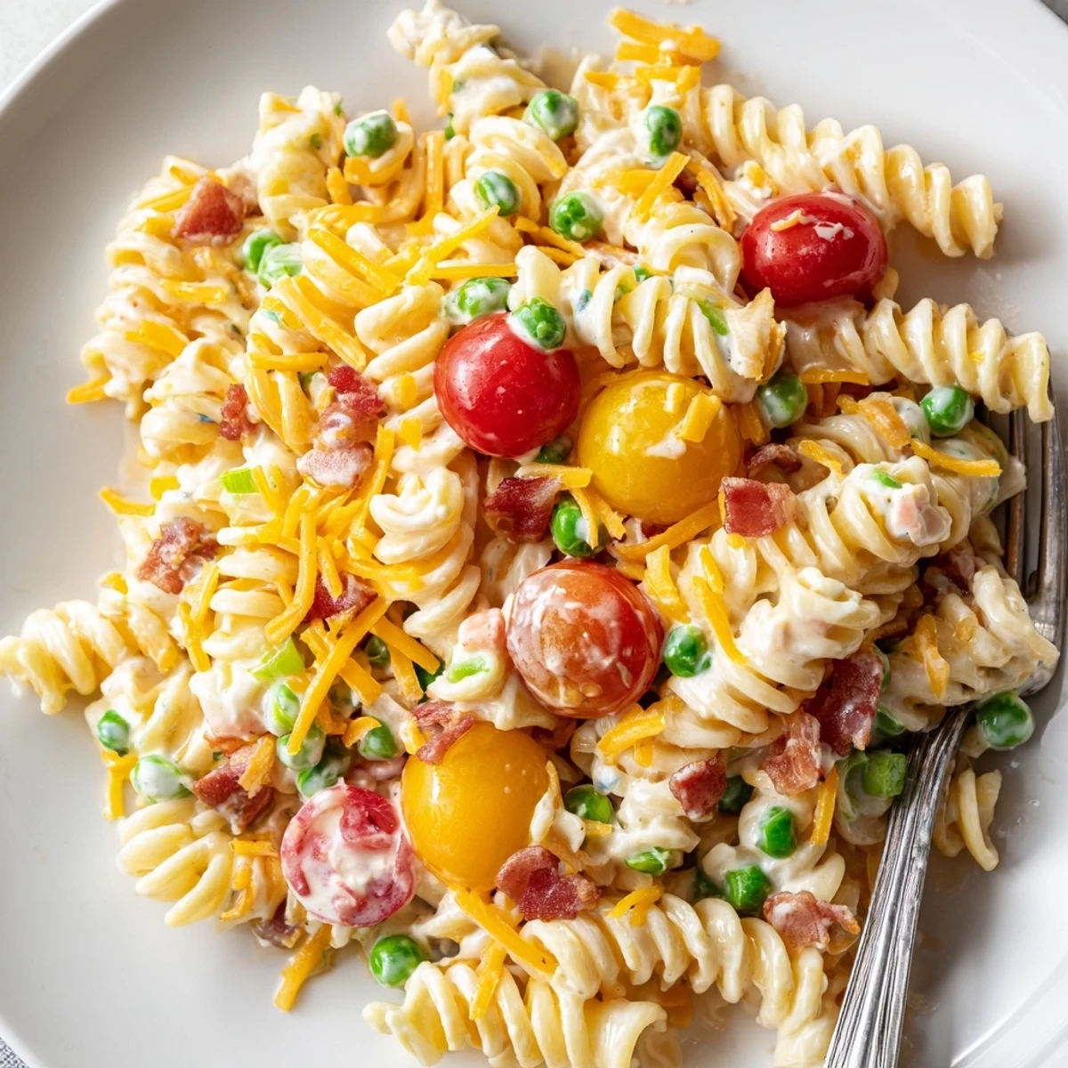 Creamy addictive crack pasta salad loaded with cheddar, bacon, and crunchy vegetables.