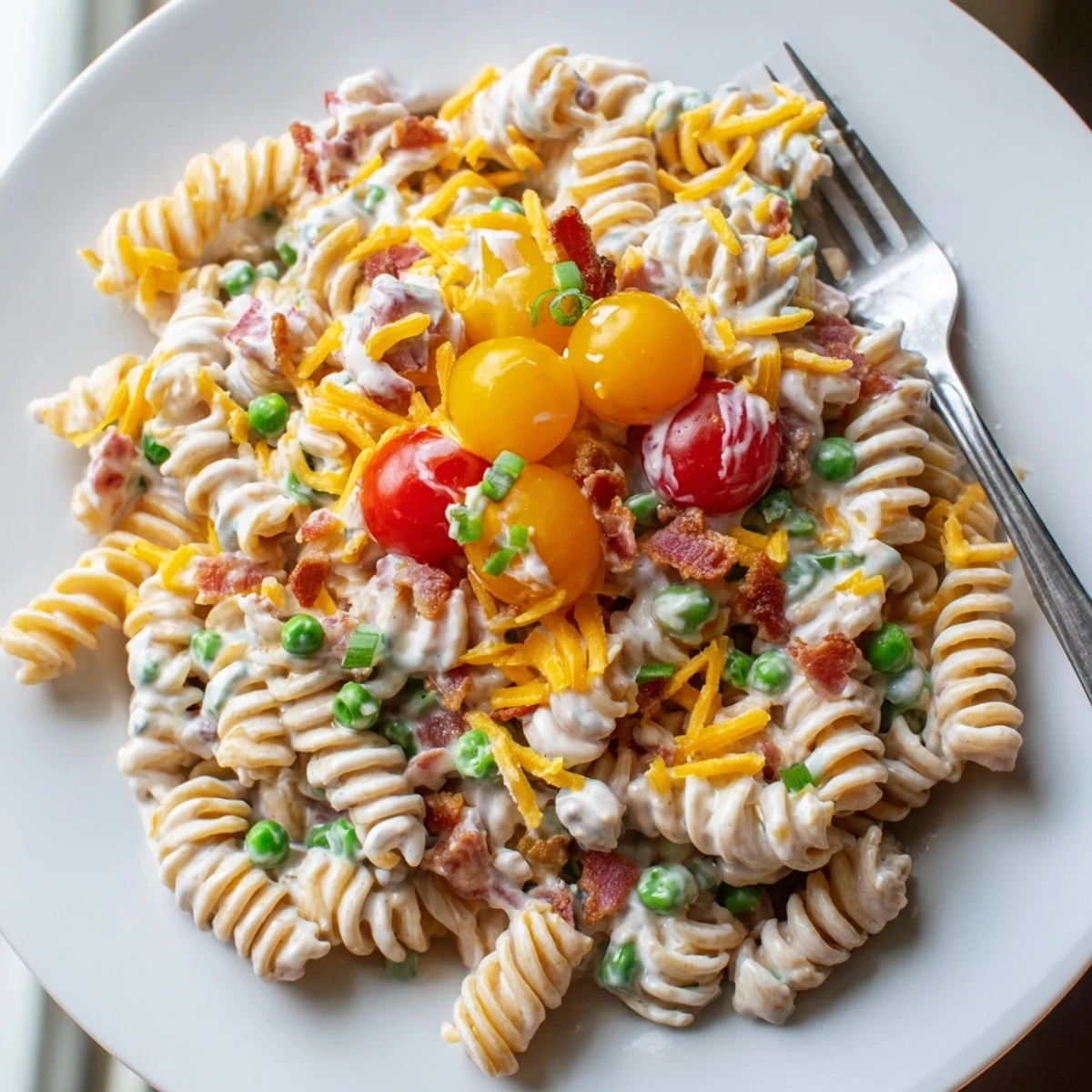 Heaping scoop of addictive crack pasta salad dotted with cherry tomatoes.