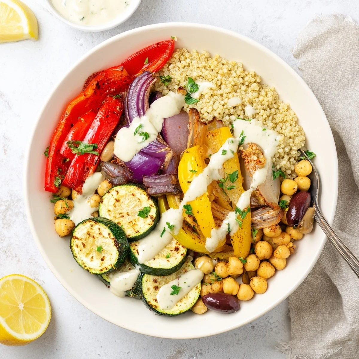 Golden roasted zucchini, eggplant, and chickpeas in a vegan Mediterranean roasted vegetables bowl drizzled with creamy tahini dressing.