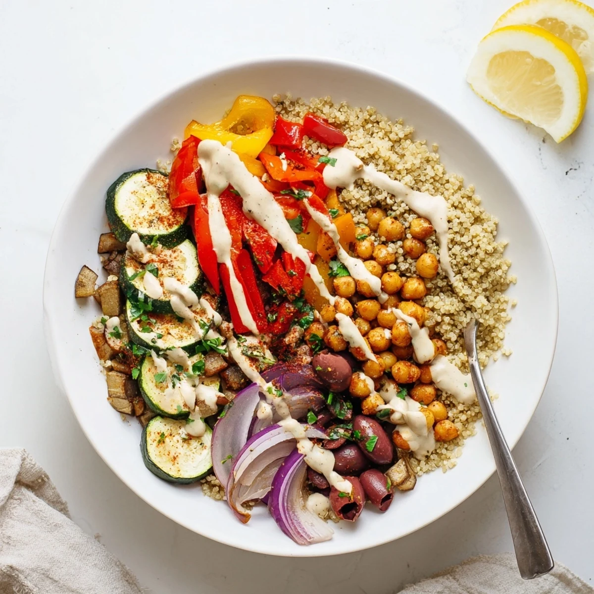 Charred bell peppers and tender chickpeas fill this vegan Mediterranean roasted vegetables bowl served with kalamata olives.