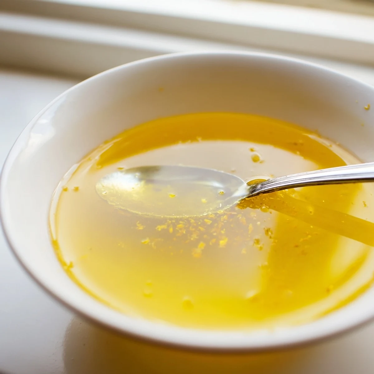 A spoonful of homemade fresh dandelion jelly beside soft cheese and scones