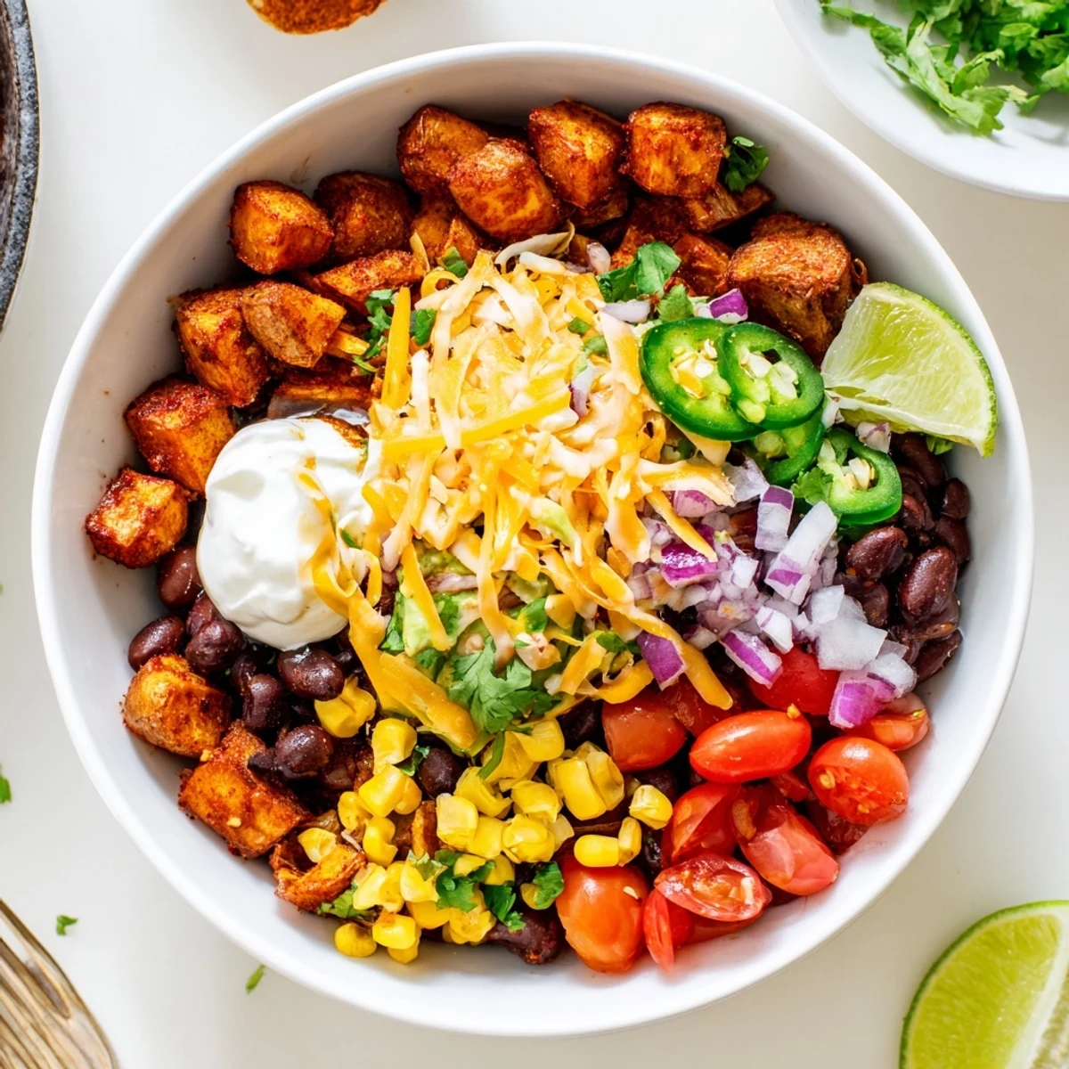 Golden roasted potatoes topped with beans and fresh Tex-Mex fixings in loaded fiesta potato bowls