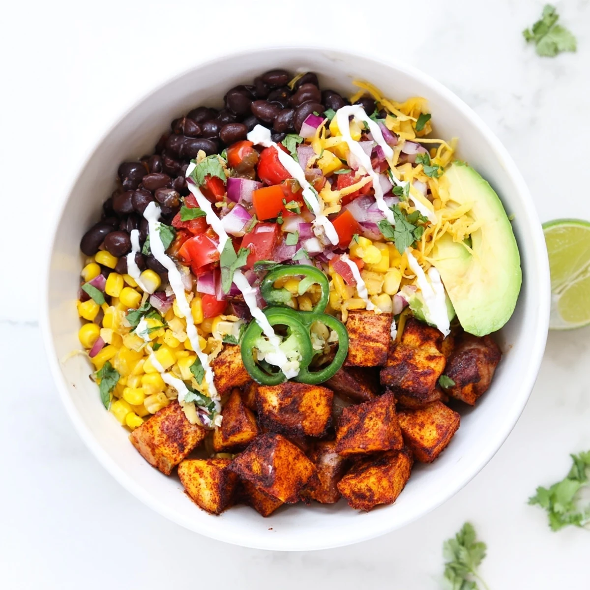 Steamy loaded fiesta potato bowls drizzled with sour cream and a bright squeeze of lime